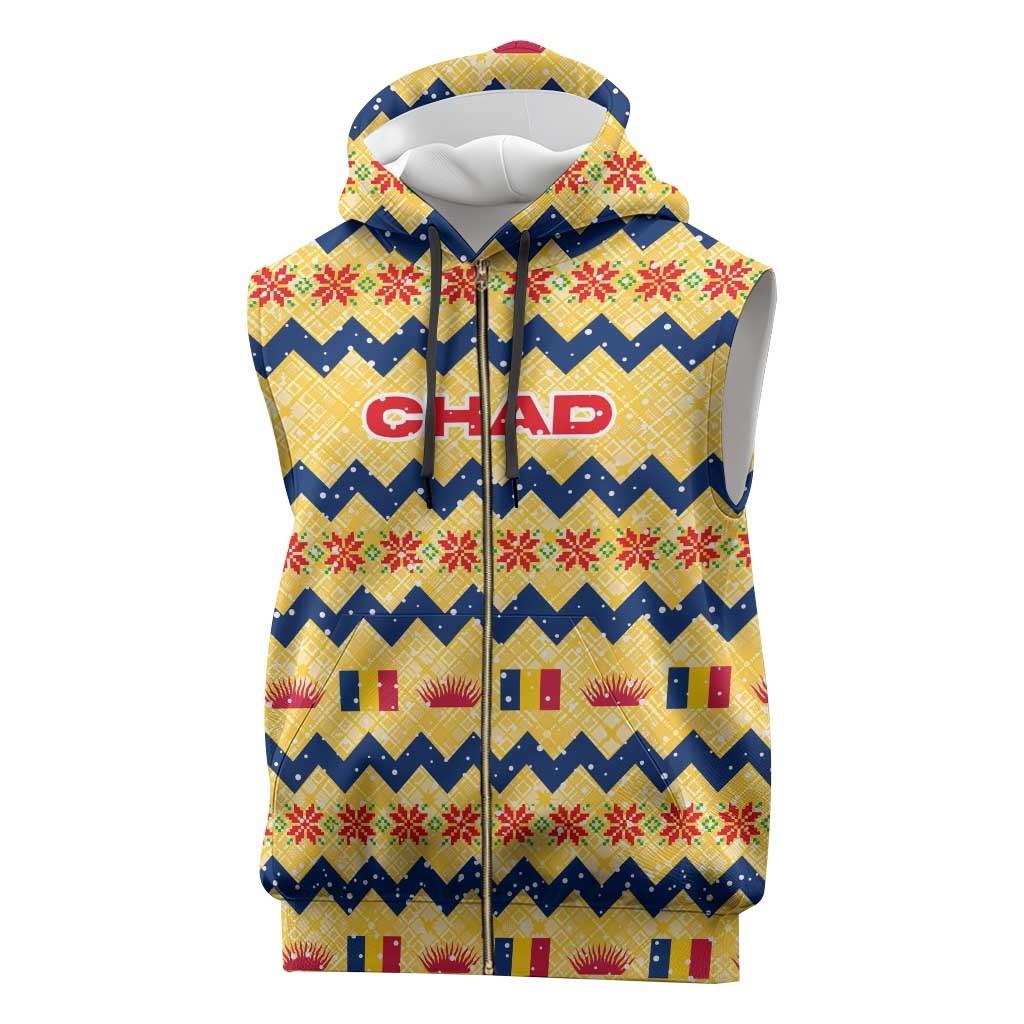 Chad Christmas Sleeveless Zip Hoodie with Yellow-Blue Geometric Design, National Coat of Arms, and Festive Motif - Wonder Print Shop