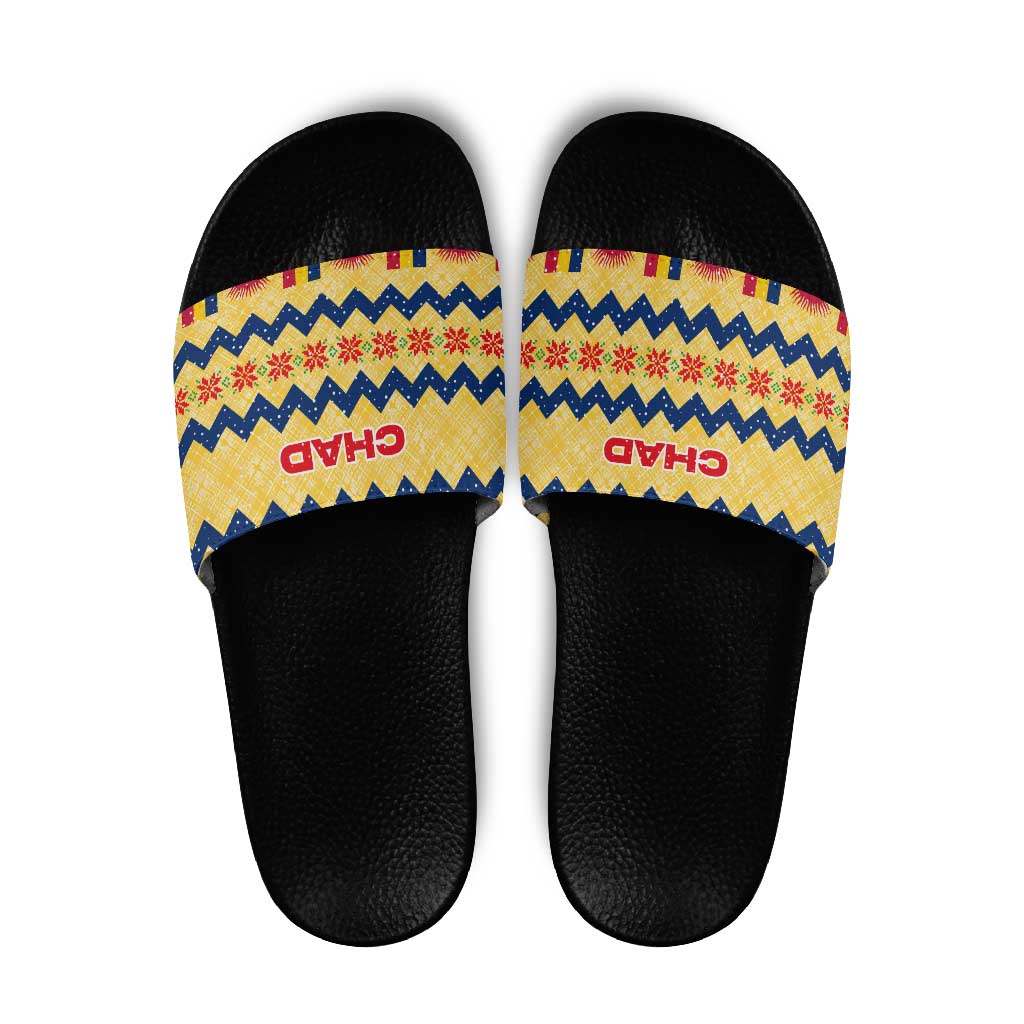 Chad Christmas Slide Sandals with Yellow-Blue Geometric Design, National Coat of Arms, and Festive Motif - Wonder Print Shop