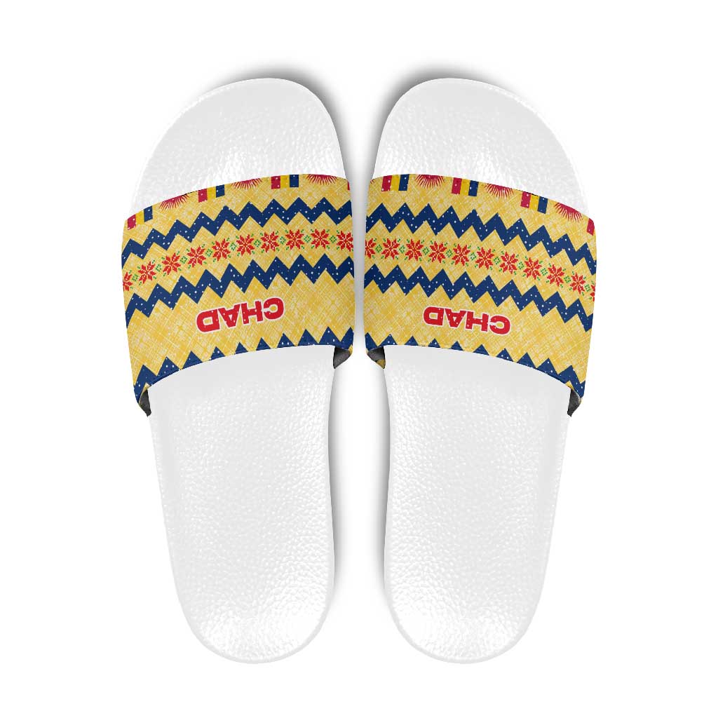 Chad Christmas Slide Sandals with Yellow-Blue Geometric Design, National Coat of Arms, and Festive Motif - Wonder Print Shop
