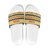 Chad Christmas Slide Sandals with Yellow-Blue Geometric Design, National Coat of Arms, and Festive Motif - Wonder Print Shop