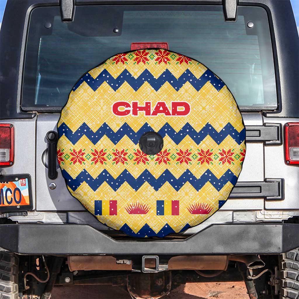 Chad Christmas Spare Tire Cover with Yellow-Blue Geometric Design, National Coat of Arms, and Festive Motif - Wonder Print Shop
