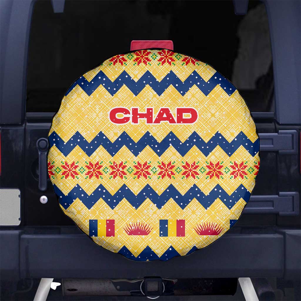Chad Christmas Spare Tire Cover with Yellow-Blue Geometric Design, National Coat of Arms, and Festive Motif - Wonder Print Shop