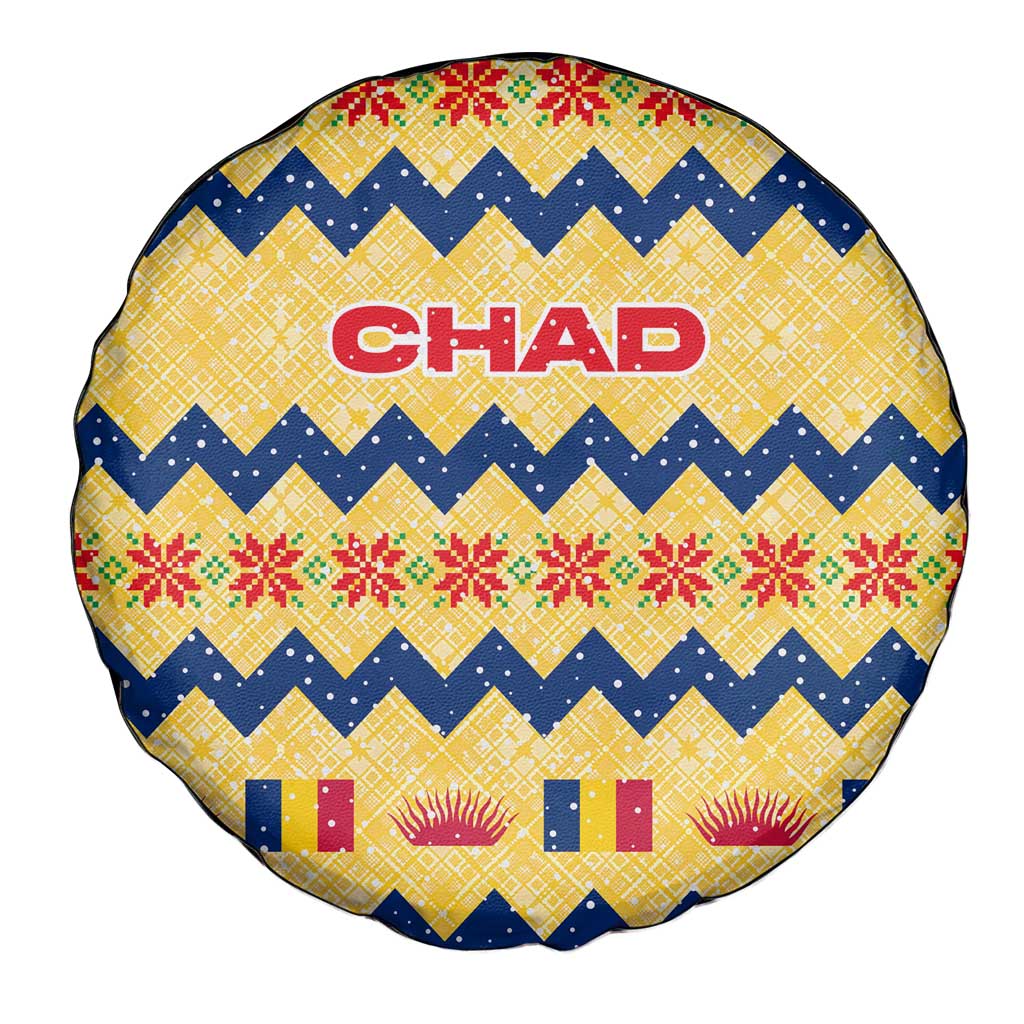 Chad Christmas Spare Tire Cover with Yellow-Blue Geometric Design, National Coat of Arms, and Festive Motif - Wonder Print Shop