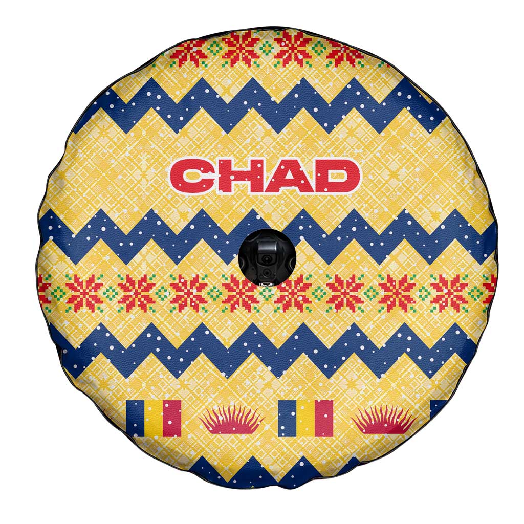 Chad Christmas Spare Tire Cover with Yellow-Blue Geometric Design, National Coat of Arms, and Festive Motif - Wonder Print Shop