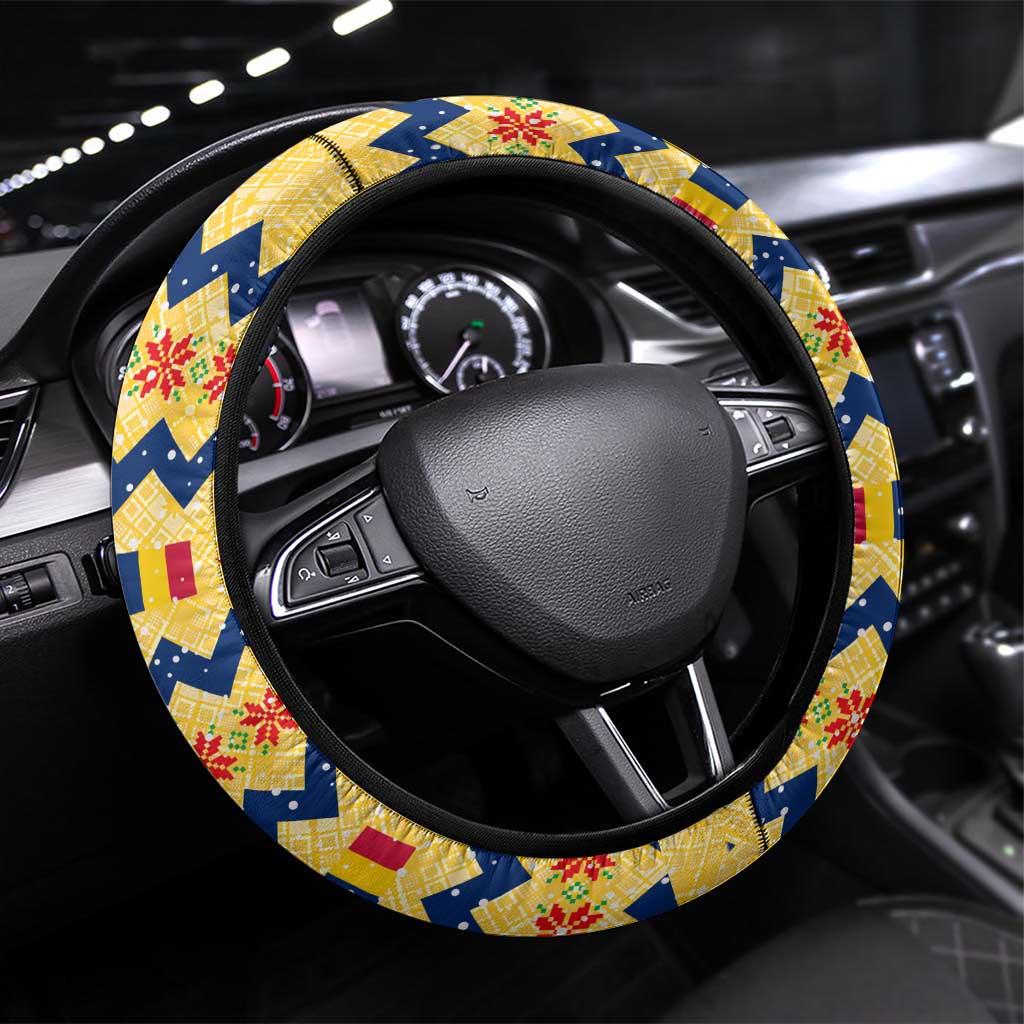 Chad Christmas Steering Wheel Cover with Yellow-Blue Geometric Design, National Coat of Arms, and Festive Motif - Wonder Print Shop