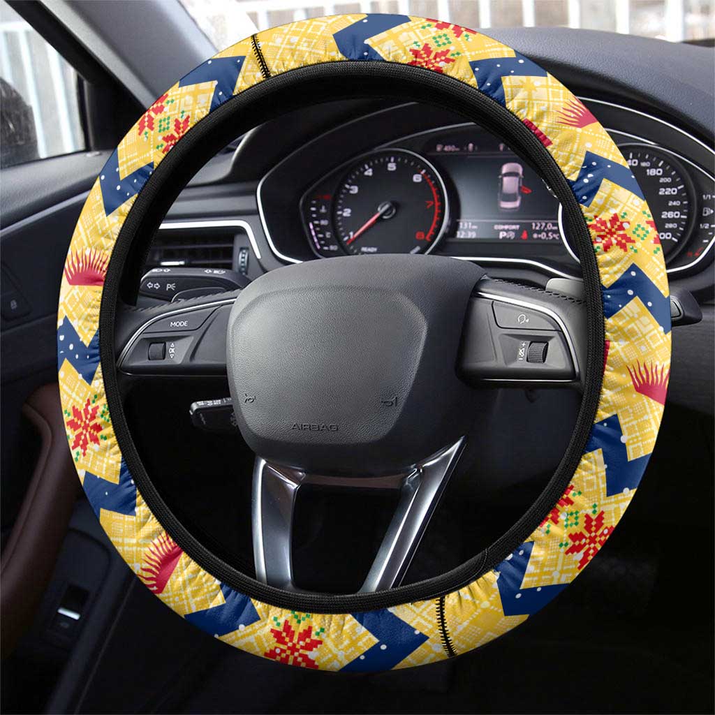 Chad Christmas Steering Wheel Cover with Yellow-Blue Geometric Design, National Coat of Arms, and Festive Motif - Wonder Print Shop