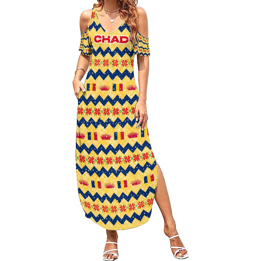 Chad Christmas Summer Maxi Dress with Yellow-Blue Geometric Design, National Coat of Arms, and Festive Motif - Wonder Print Shop