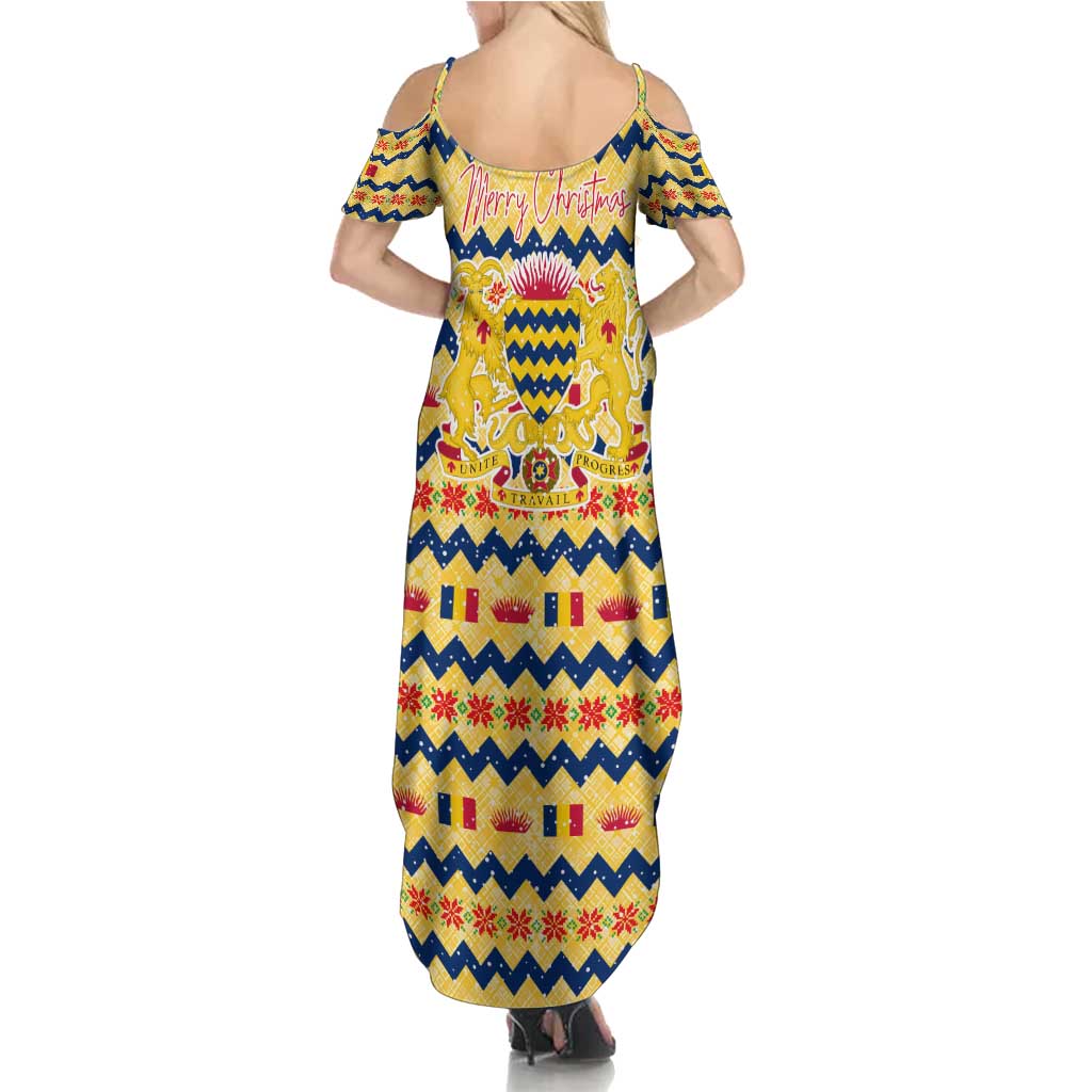 Chad Christmas Summer Maxi Dress with Yellow-Blue Geometric Design, National Coat of Arms, and Festive Motif - Wonder Print Shop
