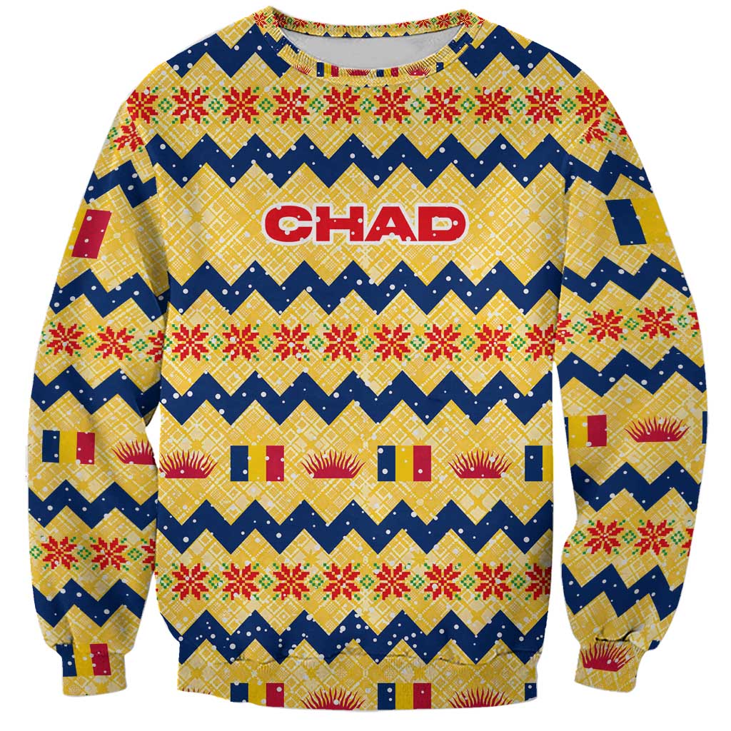 Chad Christmas Sweatshirt with Yellow-Blue Geometric Design, National Coat of Arms, and Festive Motif - Wonder Print Shop