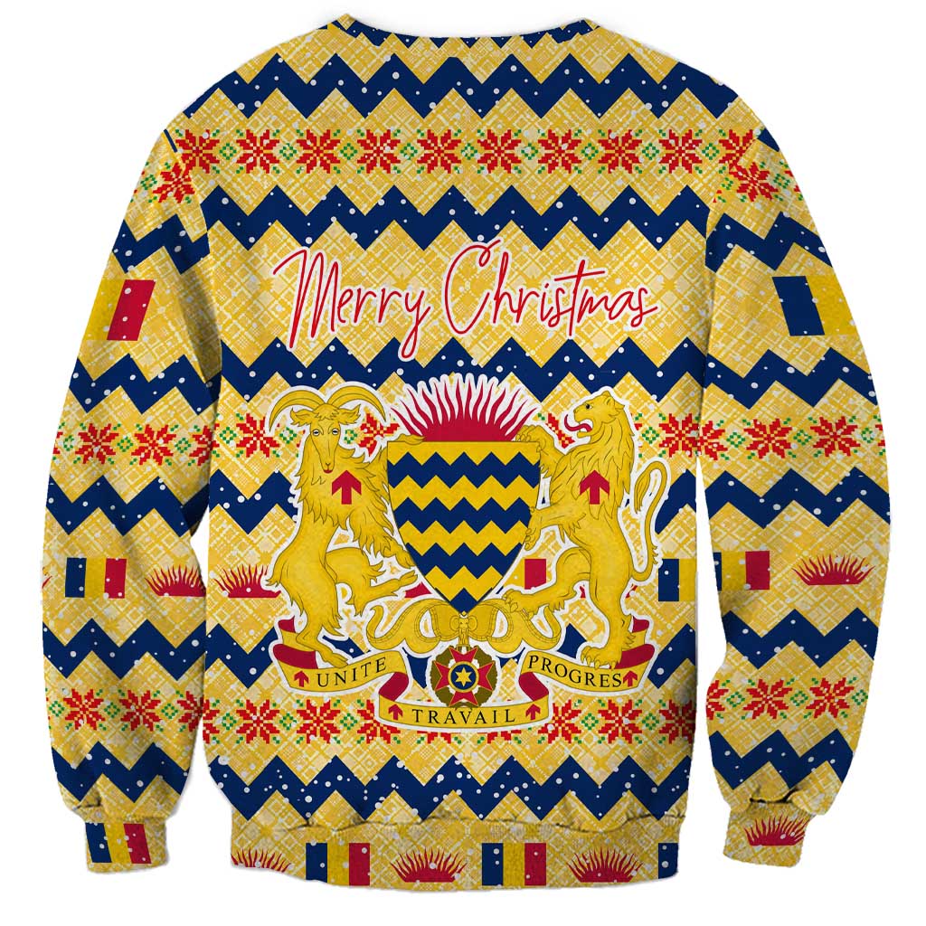 Chad Christmas Sweatshirt with Yellow-Blue Geometric Design, National Coat of Arms, and Festive Motif - Wonder Print Shop