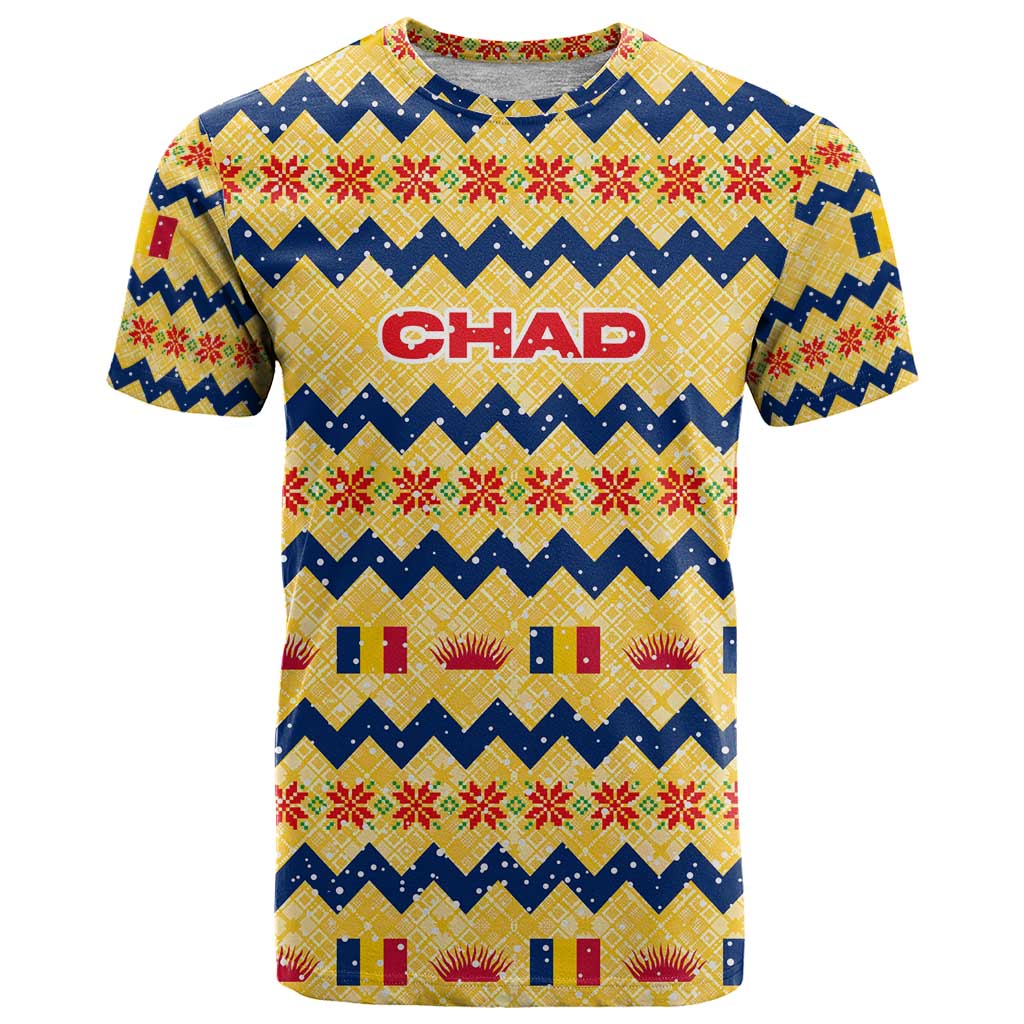 Chad Christmas T Shirt with Yellow-Blue Geometric Design, National Coat of Arms, and Festive Motif - Wonder Print Shop