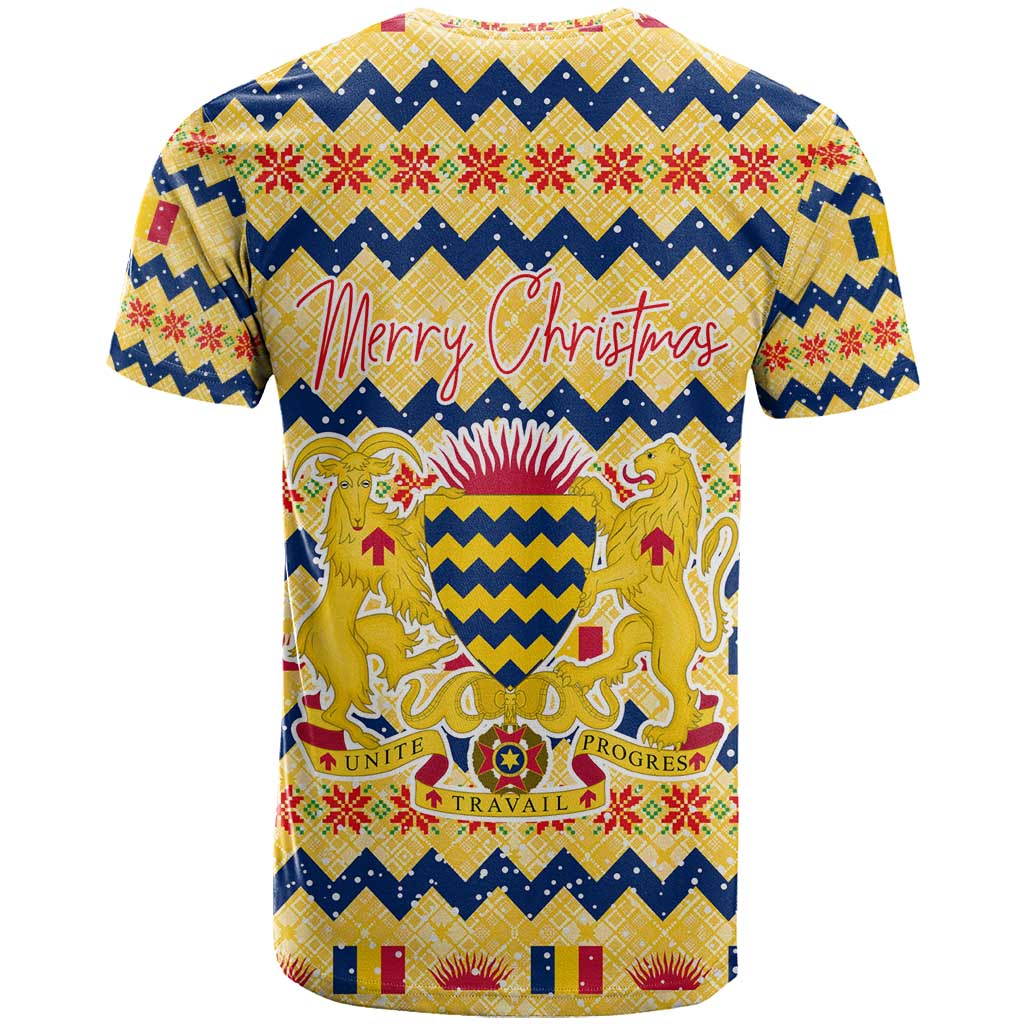Chad Christmas T Shirt with Yellow-Blue Geometric Design, National Coat of Arms, and Festive Motif - Wonder Print Shop