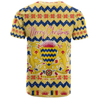 Chad Christmas T Shirt with Yellow-Blue Geometric Design, National Coat of Arms, and Festive Motif - Wonder Print Shop