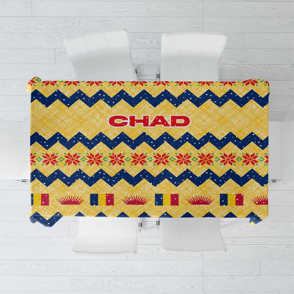 Chad Christmas Tablecloth with Yellow-Blue Geometric Design, National Coat of Arms, and Festive Motif - Wonder Print Shop