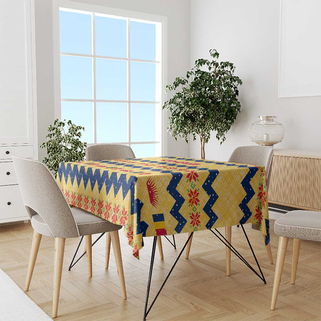 Chad Christmas Tablecloth with Yellow-Blue Geometric Design, National Coat of Arms, and Festive Motif - Wonder Print Shop