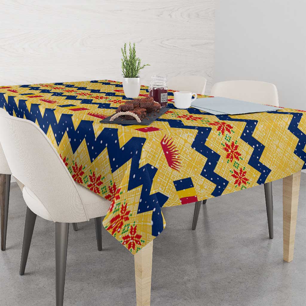 Chad Christmas Tablecloth with Yellow-Blue Geometric Design, National Coat of Arms, and Festive Motif - Wonder Print Shop