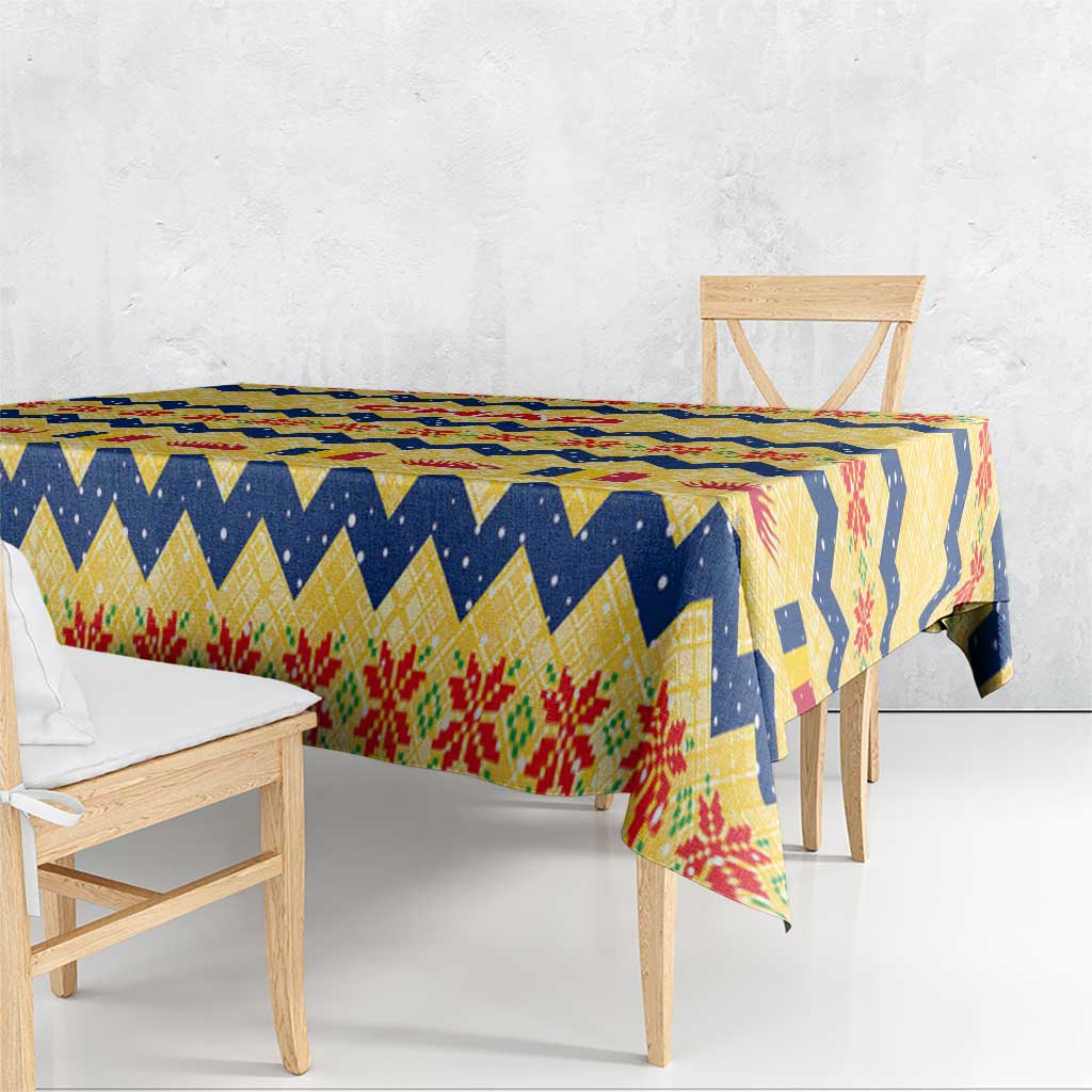 Chad Christmas Tablecloth with Yellow-Blue Geometric Design, National Coat of Arms, and Festive Motif - Wonder Print Shop