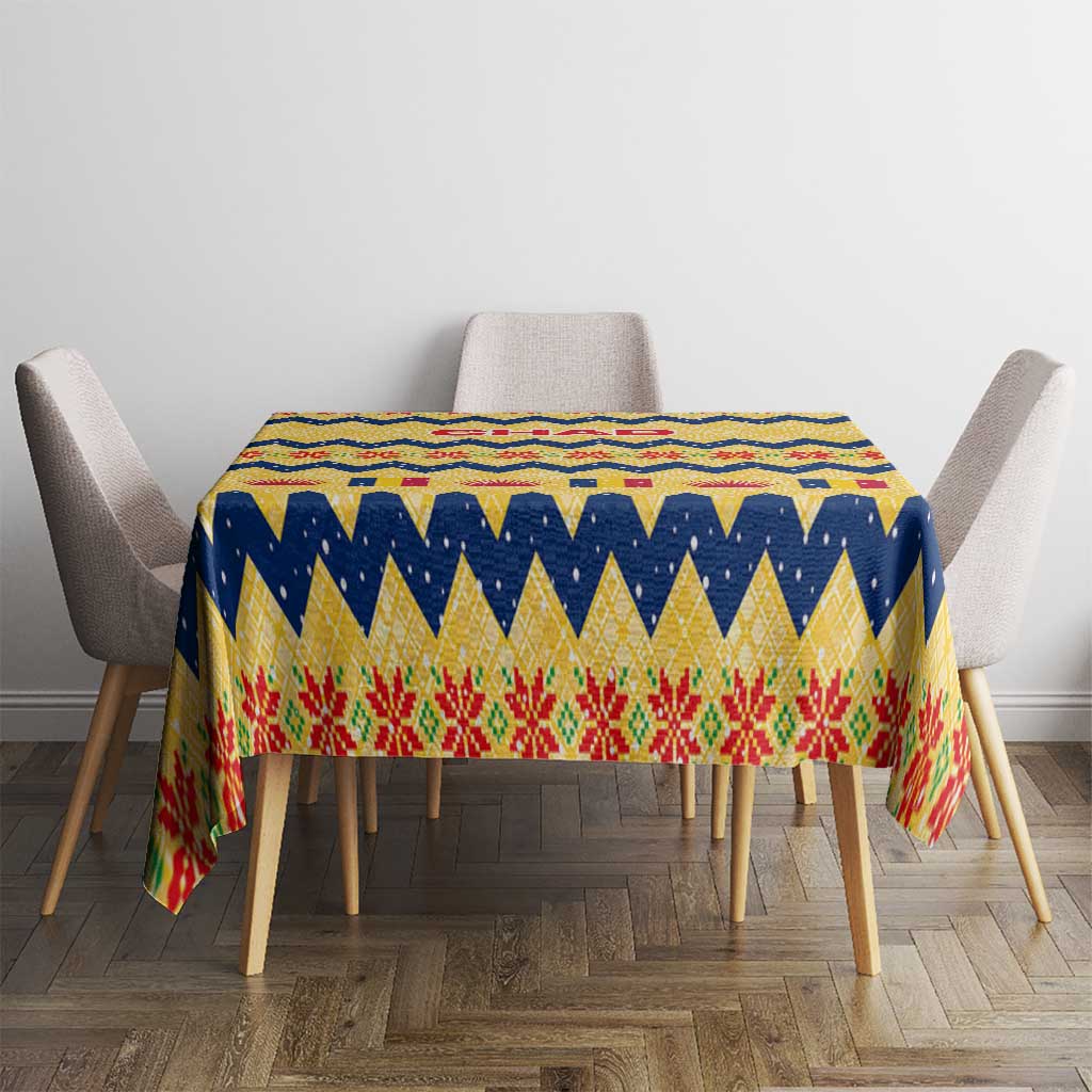 Chad Christmas Tablecloth with Yellow-Blue Geometric Design, National Coat of Arms, and Festive Motif - Wonder Print Shop