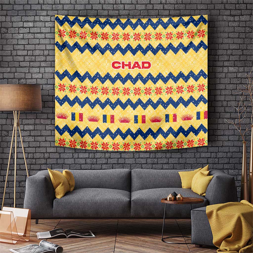 Chad Christmas Tapestry with Yellow-Blue Geometric Design, National Coat of Arms, and Festive Motif - Wonder Print Shop