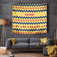 Chad Christmas Tapestry with Yellow-Blue Geometric Design, National Coat of Arms, and Festive Motif - Wonder Print Shop