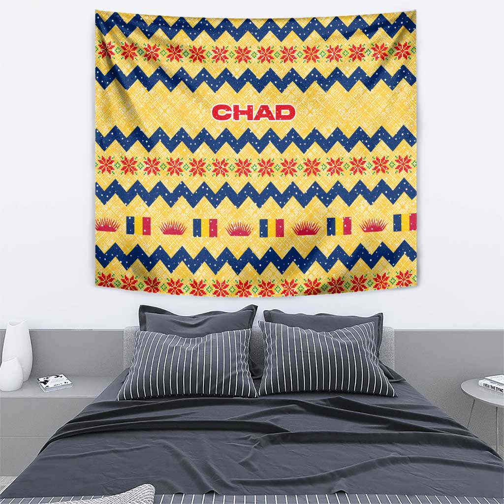 Chad Christmas Tapestry with Yellow-Blue Geometric Design, National Coat of Arms, and Festive Motif - Wonder Print Shop
