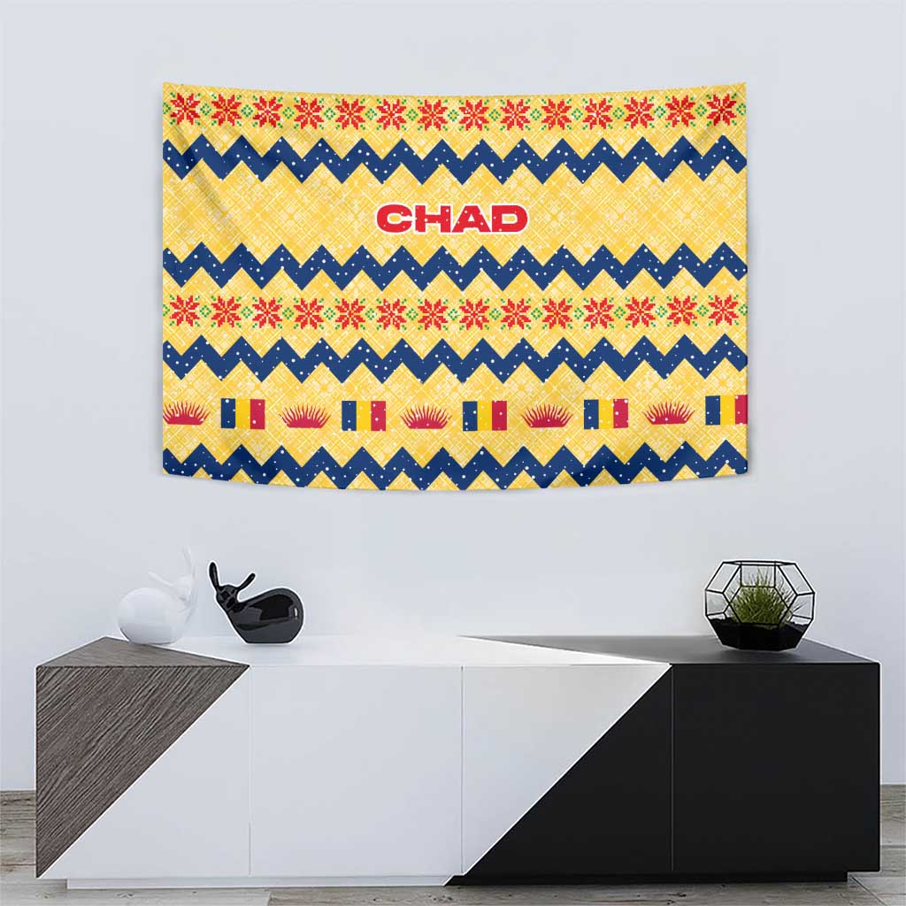Chad Christmas Tapestry with Yellow-Blue Geometric Design, National Coat of Arms, and Festive Motif - Wonder Print Shop