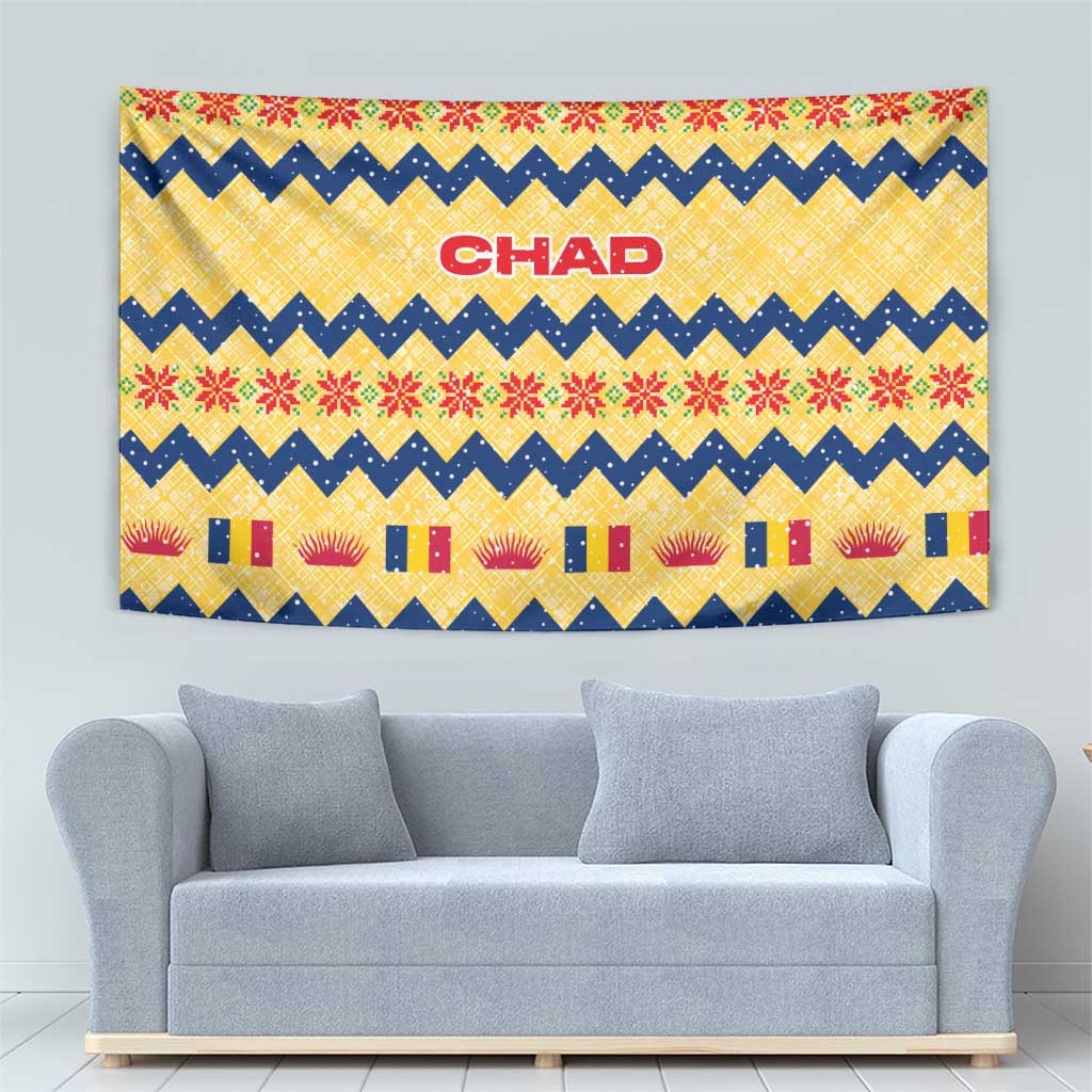 Chad Christmas Tapestry with Yellow-Blue Geometric Design, National Coat of Arms, and Festive Motif - Wonder Print Shop
