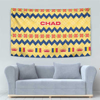 Chad Christmas Tapestry with Yellow-Blue Geometric Design, National Coat of Arms, and Festive Motif - Wonder Print Shop