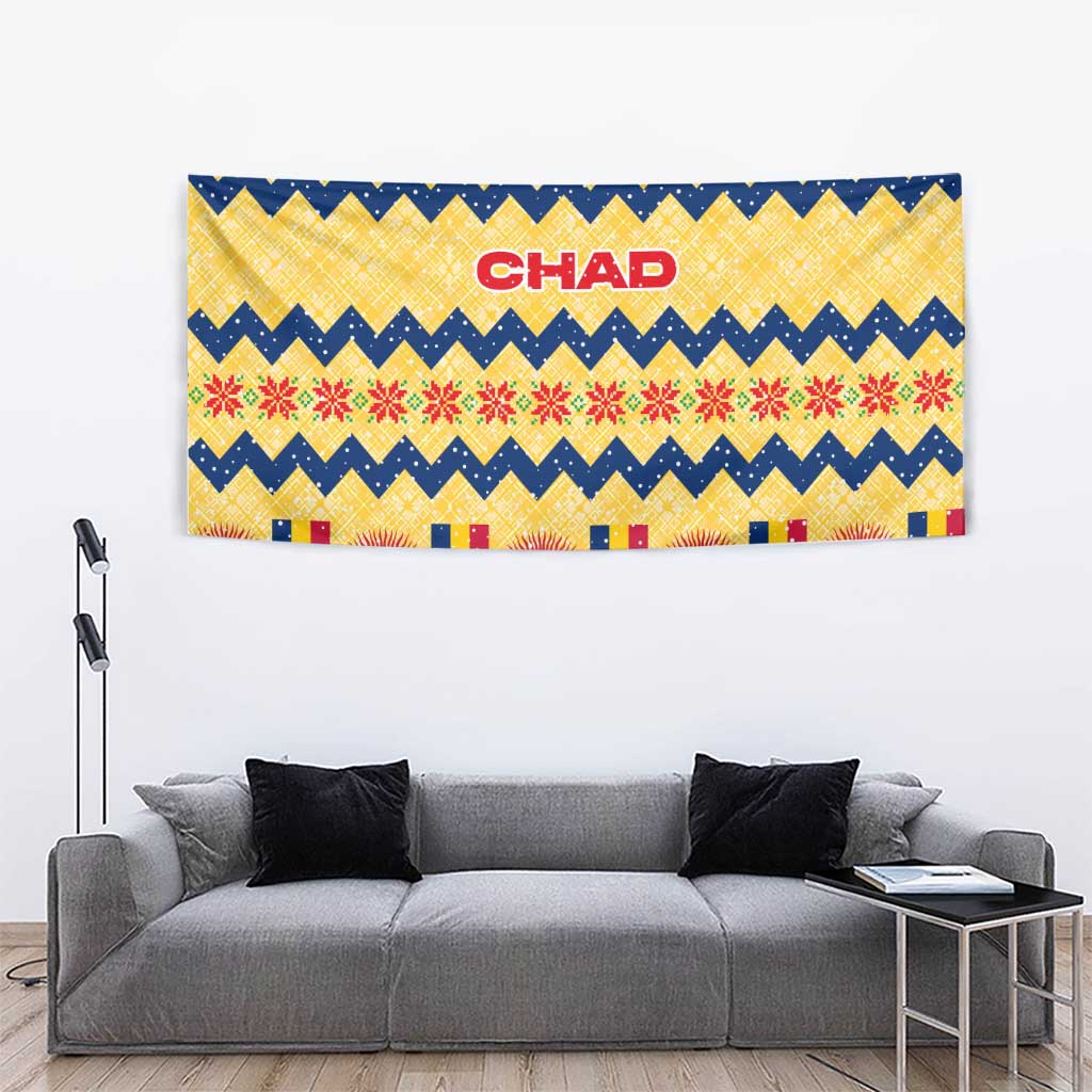 Chad Christmas Tapestry with Yellow-Blue Geometric Design, National Coat of Arms, and Festive Motif - Wonder Print Shop