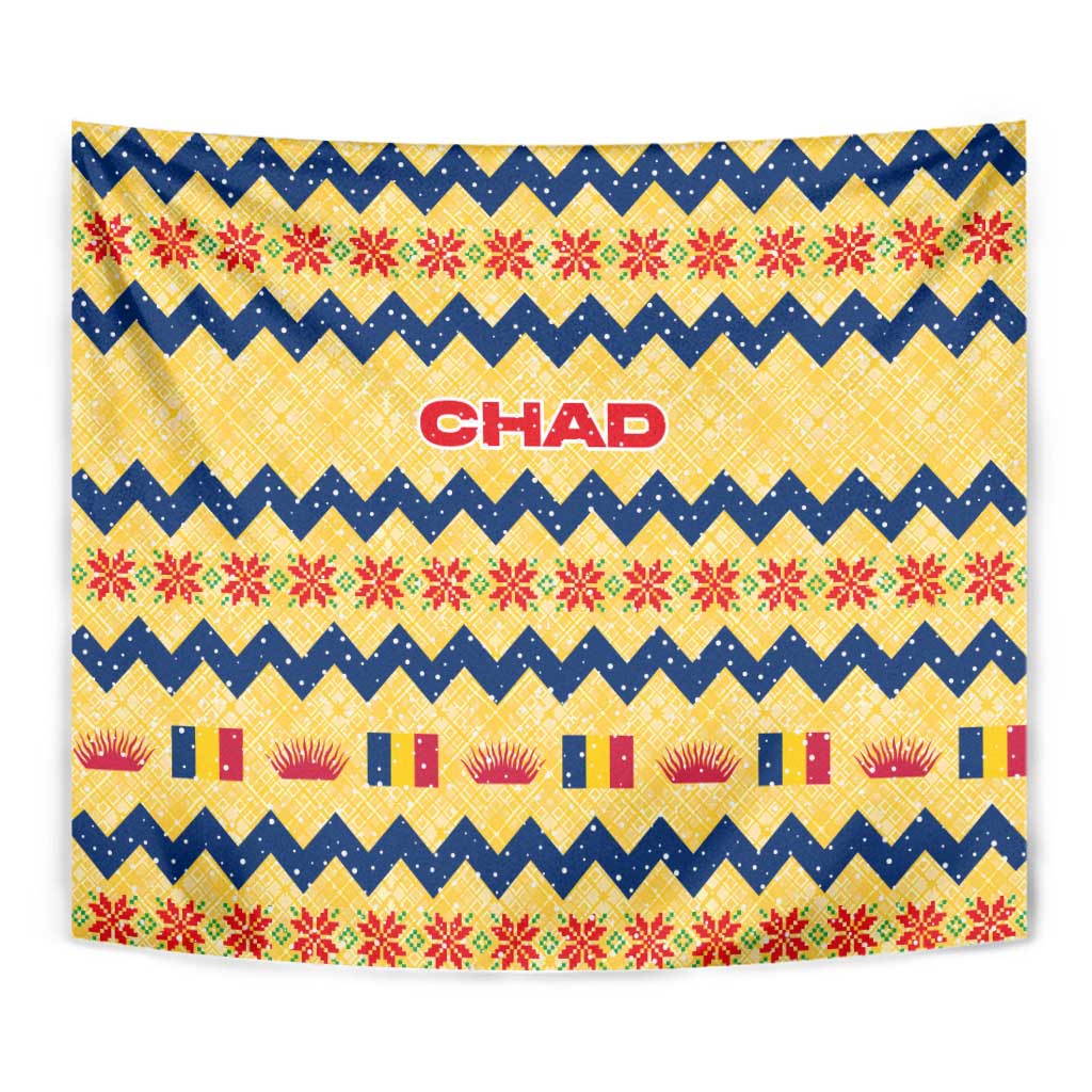 Chad Christmas Tapestry with Yellow-Blue Geometric Design, National Coat of Arms, and Festive Motif - Wonder Print Shop