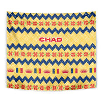 Chad Christmas Tapestry with Yellow-Blue Geometric Design, National Coat of Arms, and Festive Motif - Wonder Print Shop