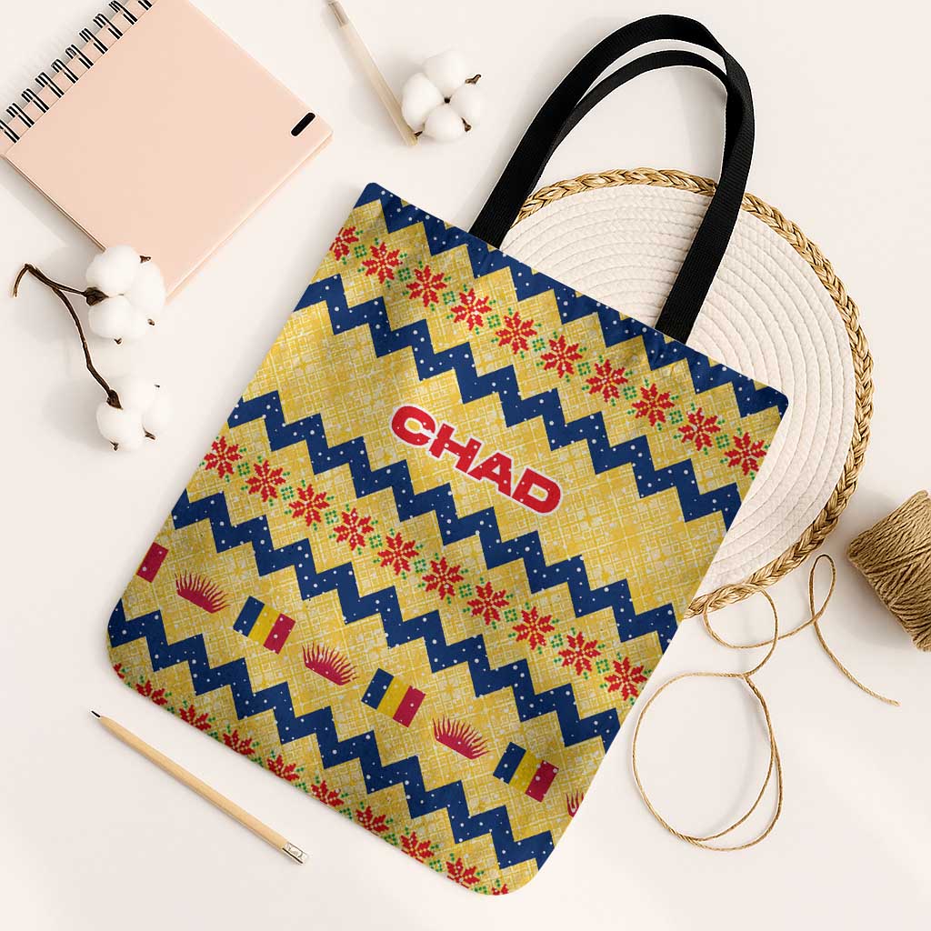 Chad Christmas Tote Bag with Yellow-Blue Geometric Design, National Coat of Arms, and Festive Motif - Wonder Print Shop