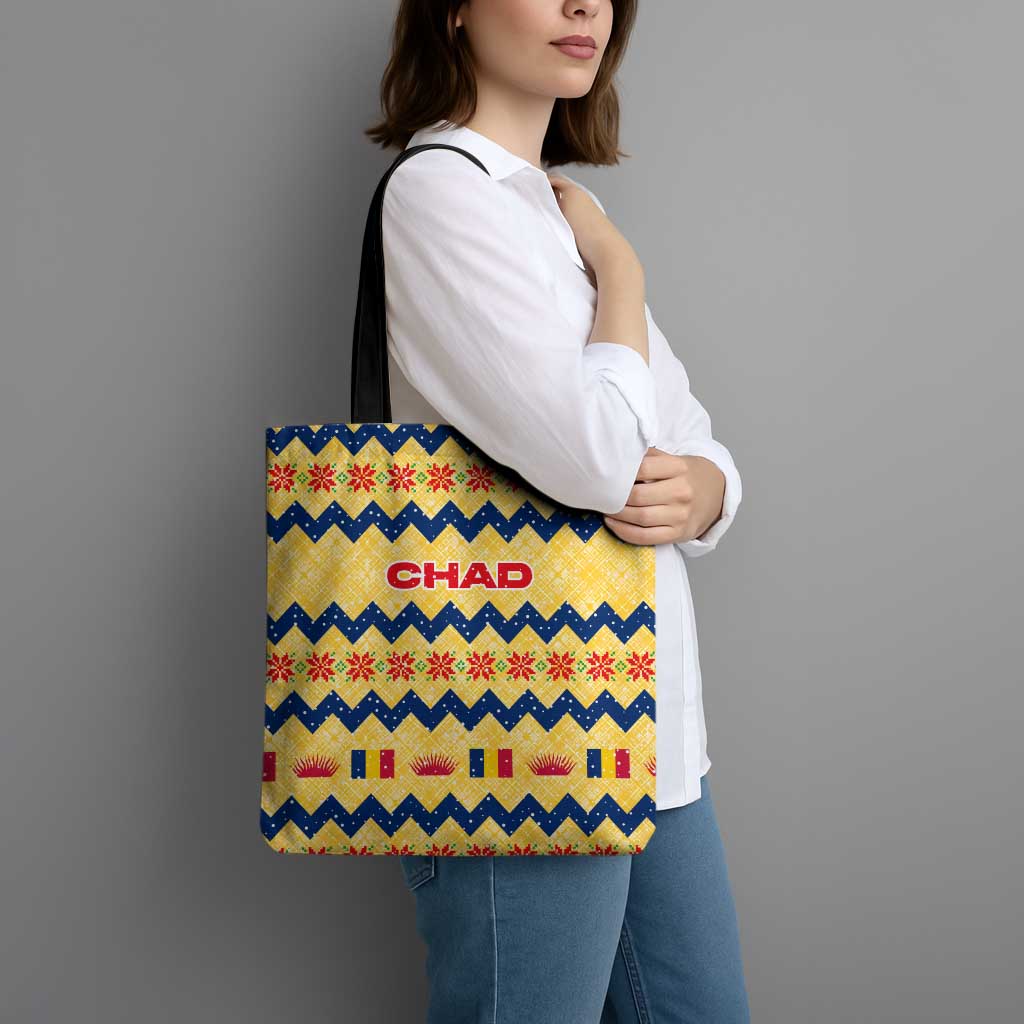 Chad Christmas Tote Bag with Yellow-Blue Geometric Design, National Coat of Arms, and Festive Motif - Wonder Print Shop