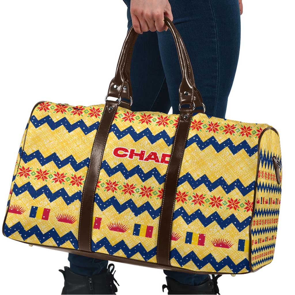 Chad Christmas Travel Bag with Yellow-Blue Geometric Design, National Coat of Arms, and Festive Motif - Wonder Print Shop