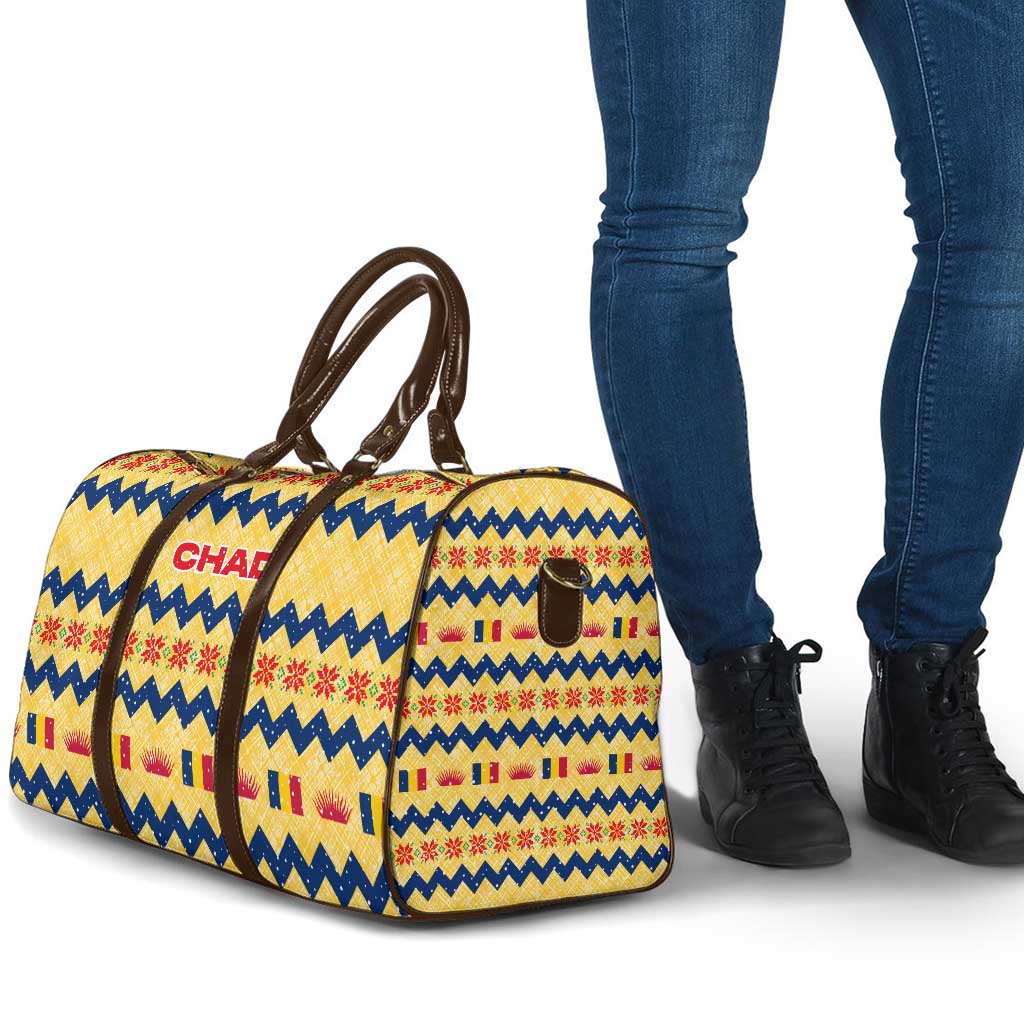 Chad Christmas Travel Bag with Yellow-Blue Geometric Design, National Coat of Arms, and Festive Motif - Wonder Print Shop