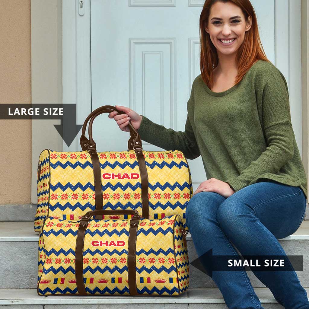 Chad Christmas Travel Bag with Yellow-Blue Geometric Design, National Coat of Arms, and Festive Motif - Wonder Print Shop
