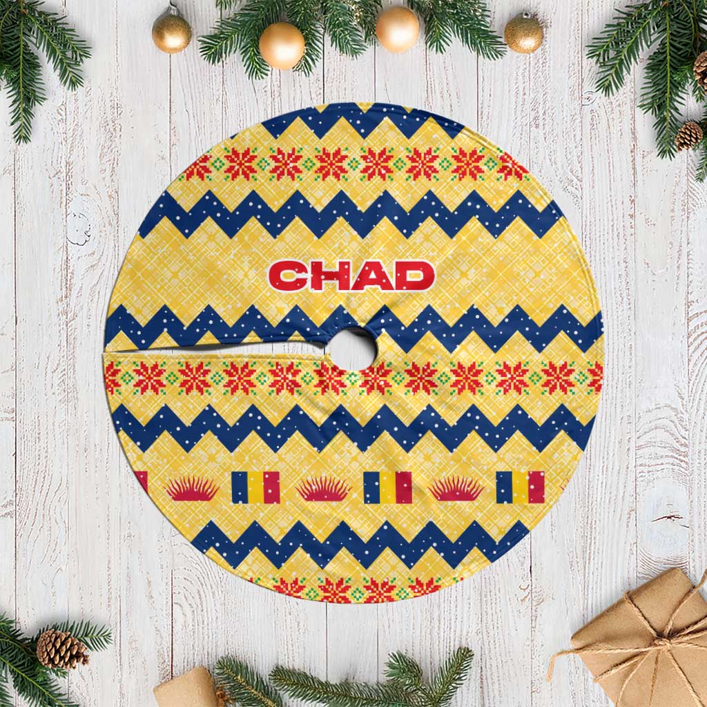 Chad Christmas Tree Skirt with Yellow-Blue Geometric Design, National Coat of Arms, and Festive Motif - Wonder Print Shop