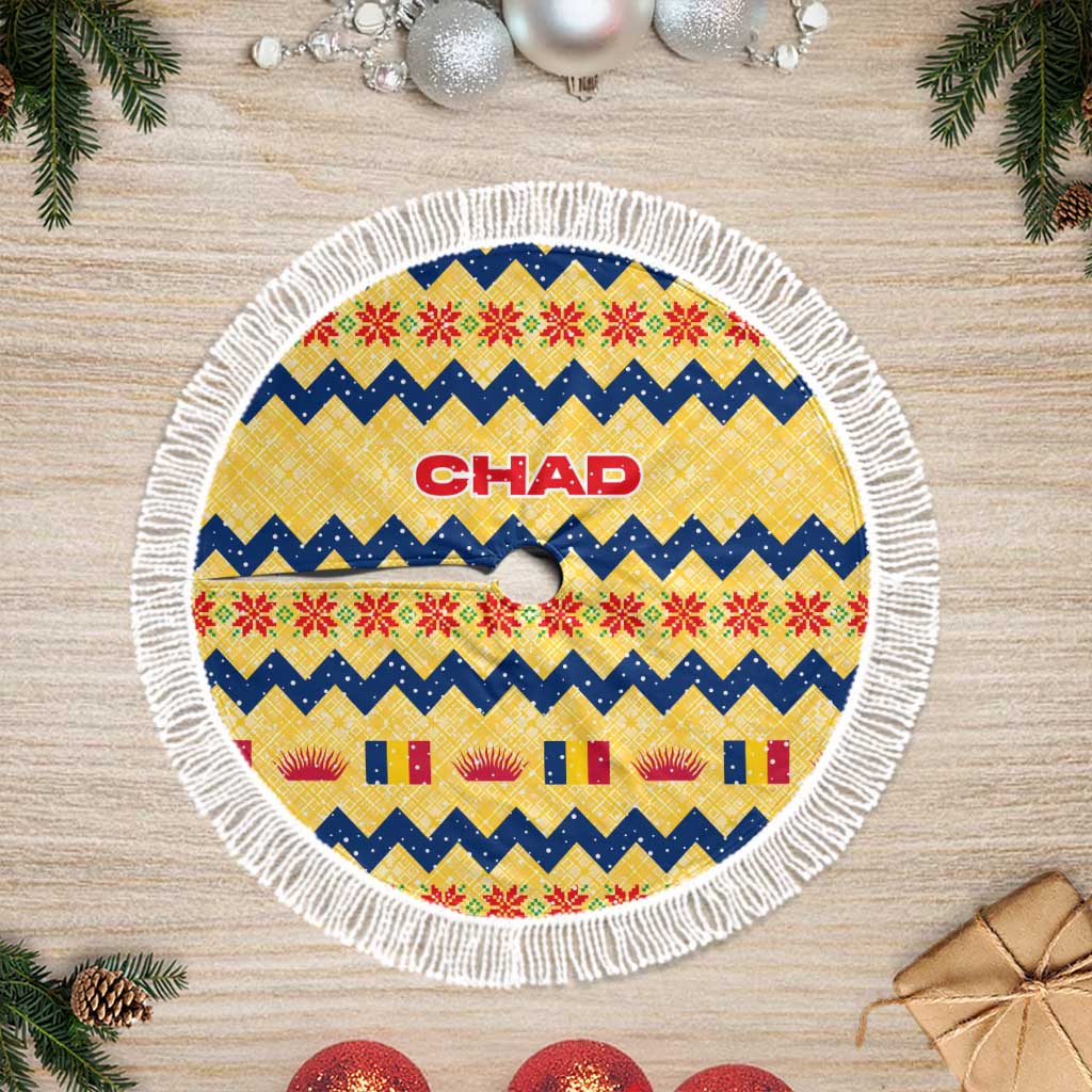 Chad Christmas Tree Skirt with Yellow-Blue Geometric Design, National Coat of Arms, and Festive Motif - Wonder Print Shop
