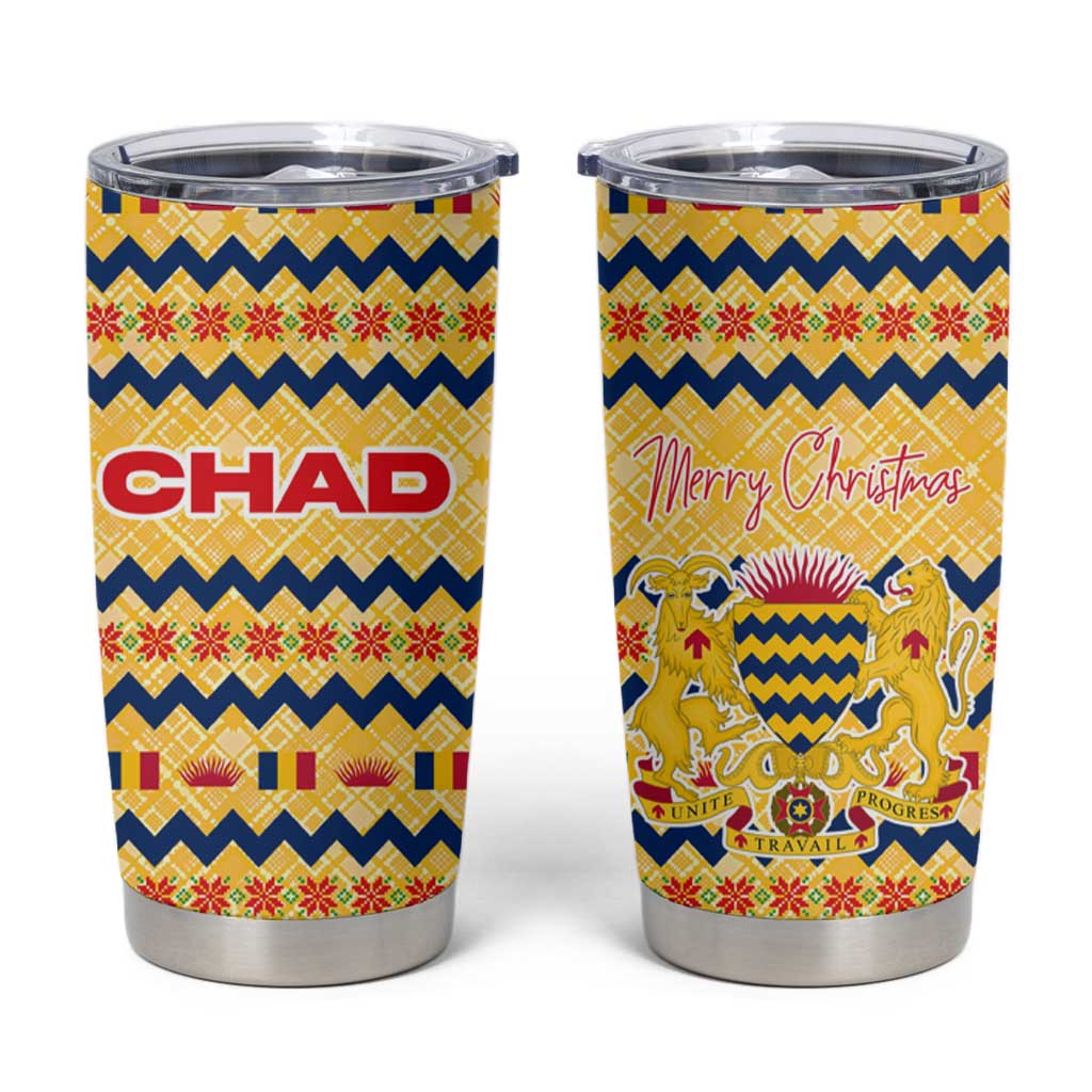 Chad Christmas Tumbler Cup with Yellow-Blue Geometric Design, National Coat of Arms, and Festive Motif - Wonder Print Shop