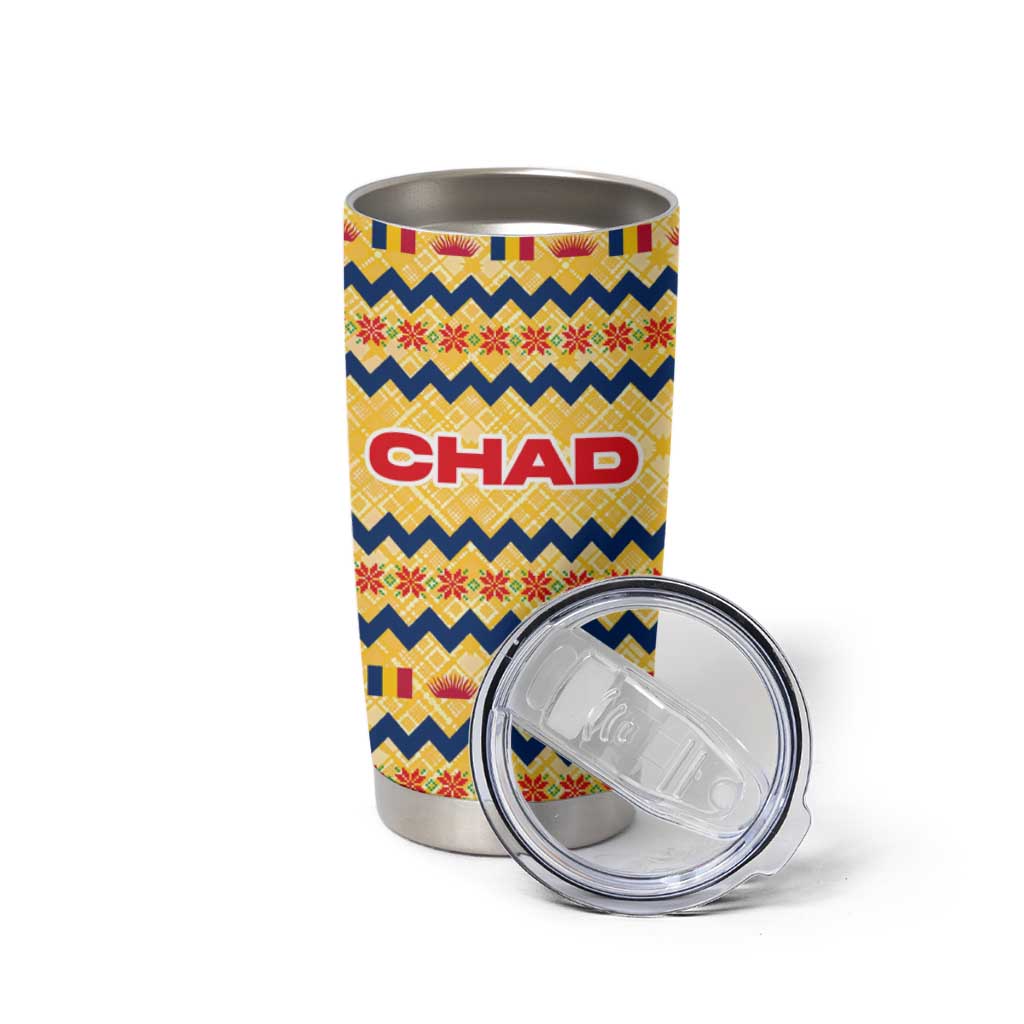 Chad Christmas Tumbler Cup with Yellow-Blue Geometric Design, National Coat of Arms, and Festive Motif - Wonder Print Shop