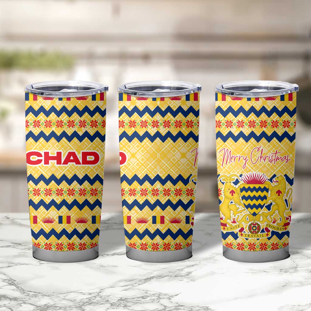 Chad Christmas Tumbler Cup with Yellow-Blue Geometric Design, National Coat of Arms, and Festive Motif - Wonder Print Shop