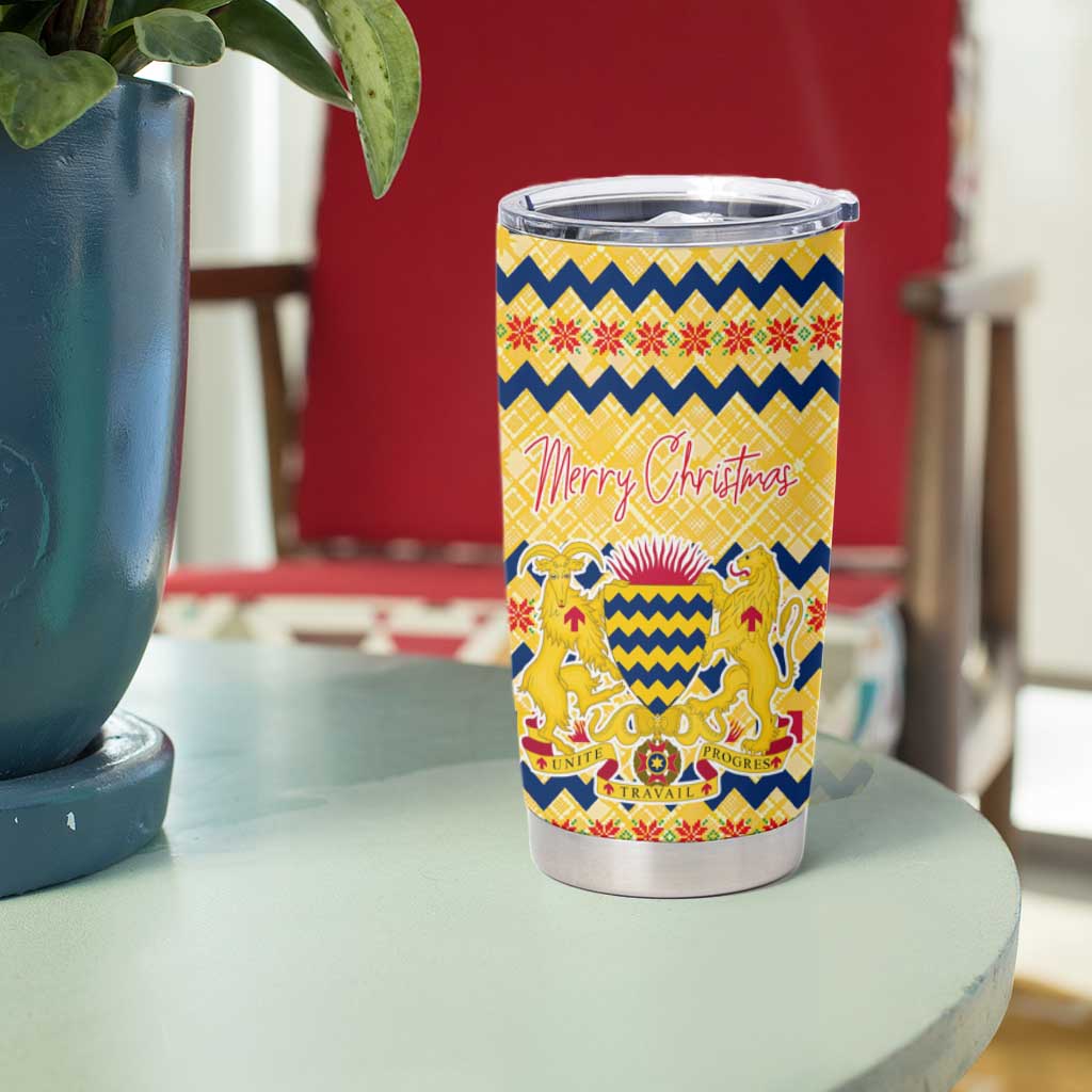 Chad Christmas Tumbler Cup with Yellow-Blue Geometric Design, National Coat of Arms, and Festive Motif - Wonder Print Shop