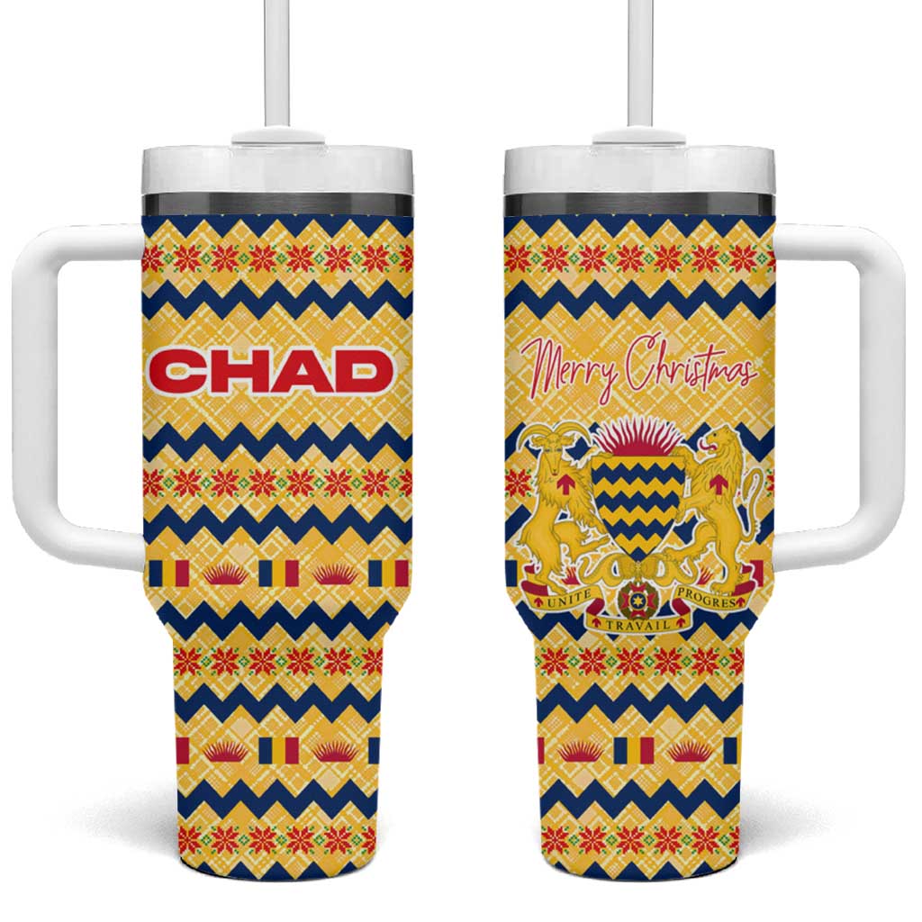 Chad Christmas Tumbler With Handle with Yellow-Blue Geometric Design, National Coat of Arms, and Festive Motif - Wonder Print Shop