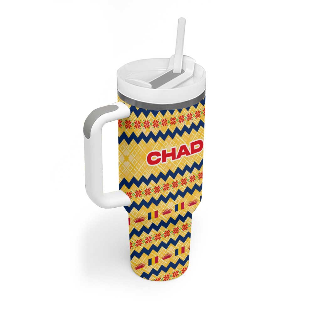 Chad Christmas Tumbler With Handle with Yellow-Blue Geometric Design, National Coat of Arms, and Festive Motif - Wonder Print Shop