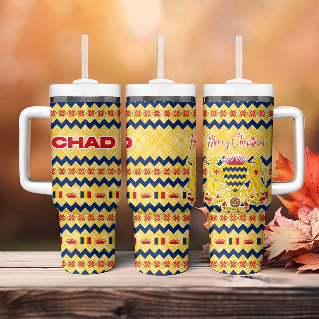 Chad Christmas Tumbler With Handle with Yellow-Blue Geometric Design, National Coat of Arms, and Festive Motif - Wonder Print Shop