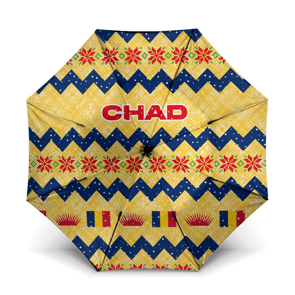 Chad Christmas Umbrella with Yellow-Blue Geometric Design, National Coat of Arms, and Festive Motif - Wonder Print Shop