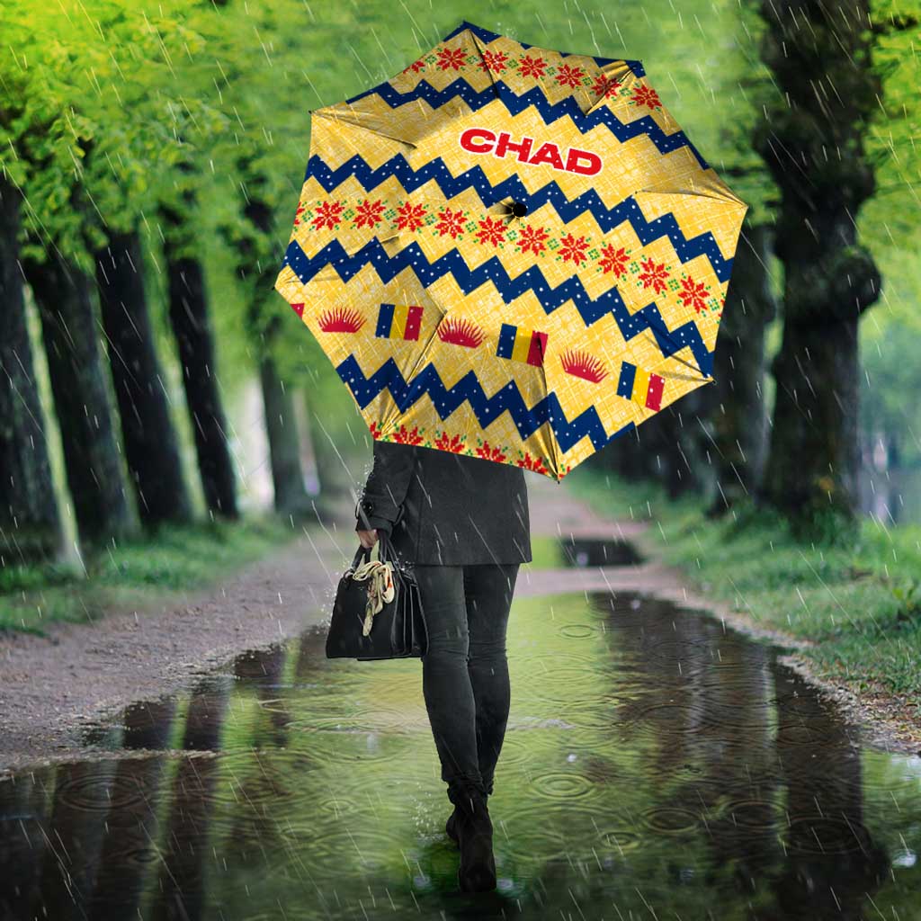 Chad Christmas Umbrella with Yellow-Blue Geometric Design, National Coat of Arms, and Festive Motif - Wonder Print Shop
