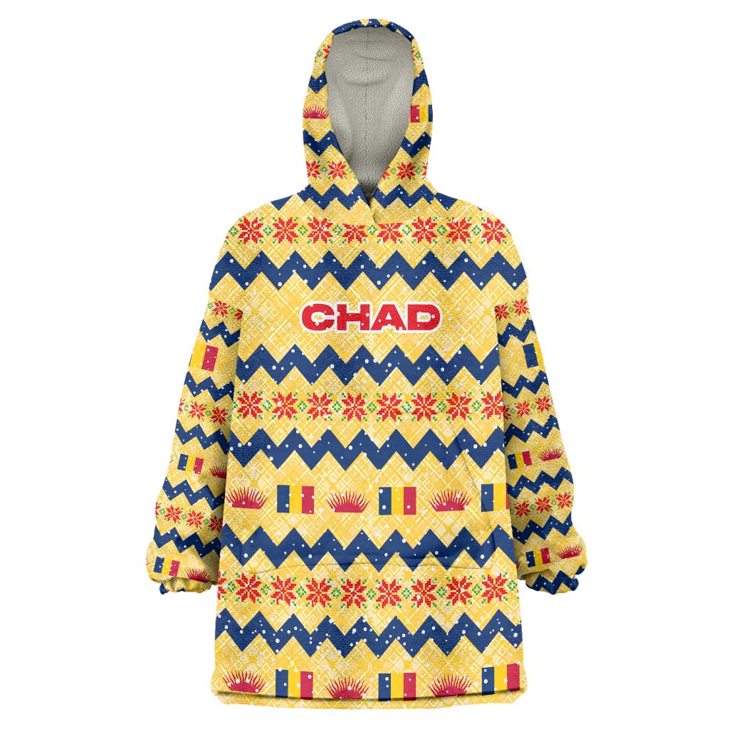 Chad Christmas Wearable Blanket Hoodie with Yellow-Blue Geometric Design, National Coat of Arms, and Festive Motif - Wonder Print Shop