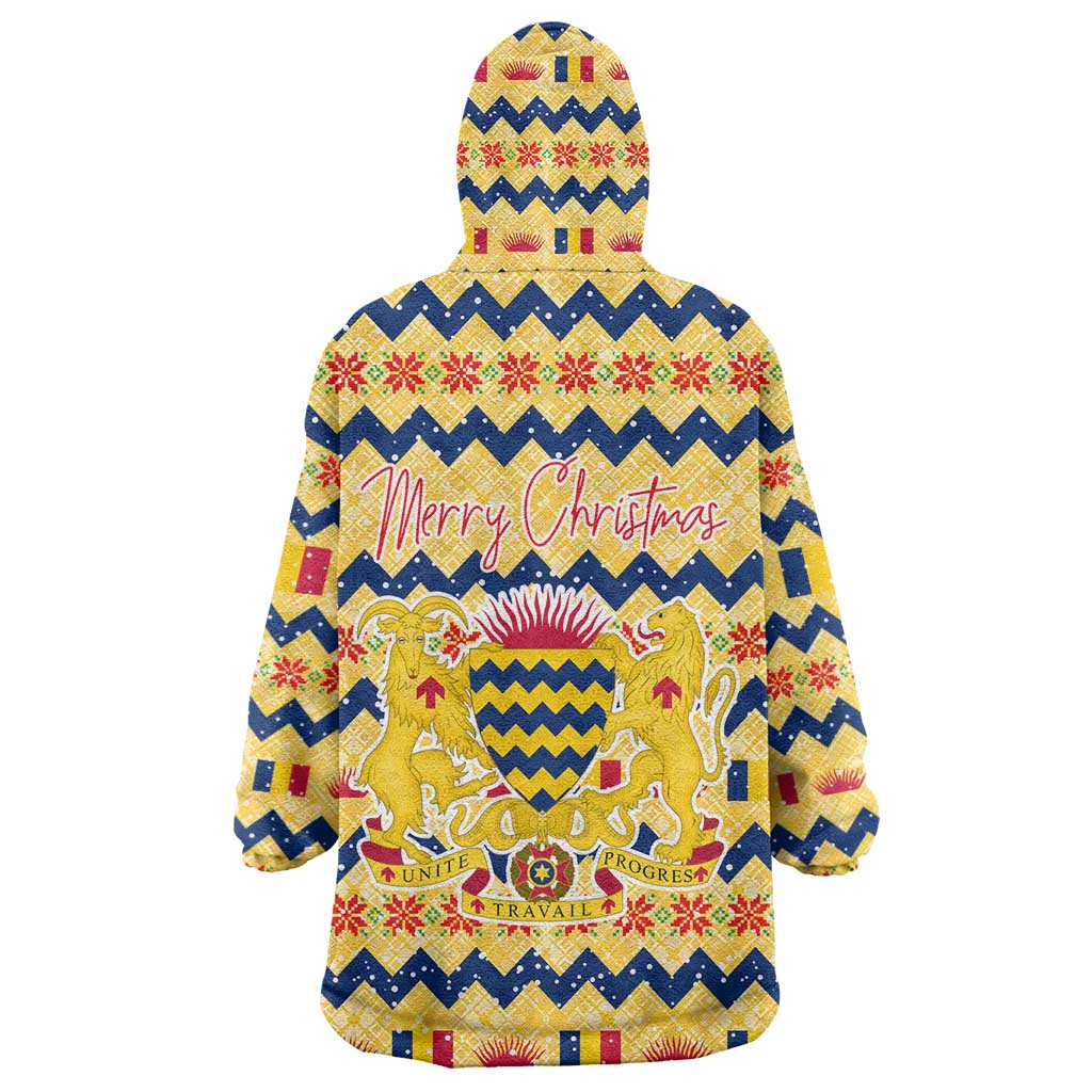 Chad Christmas Wearable Blanket Hoodie with Yellow-Blue Geometric Design, National Coat of Arms, and Festive Motif - Wonder Print Shop