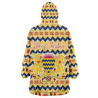 Chad Christmas Wearable Blanket Hoodie with Yellow-Blue Geometric Design, National Coat of Arms, and Festive Motif - Wonder Print Shop